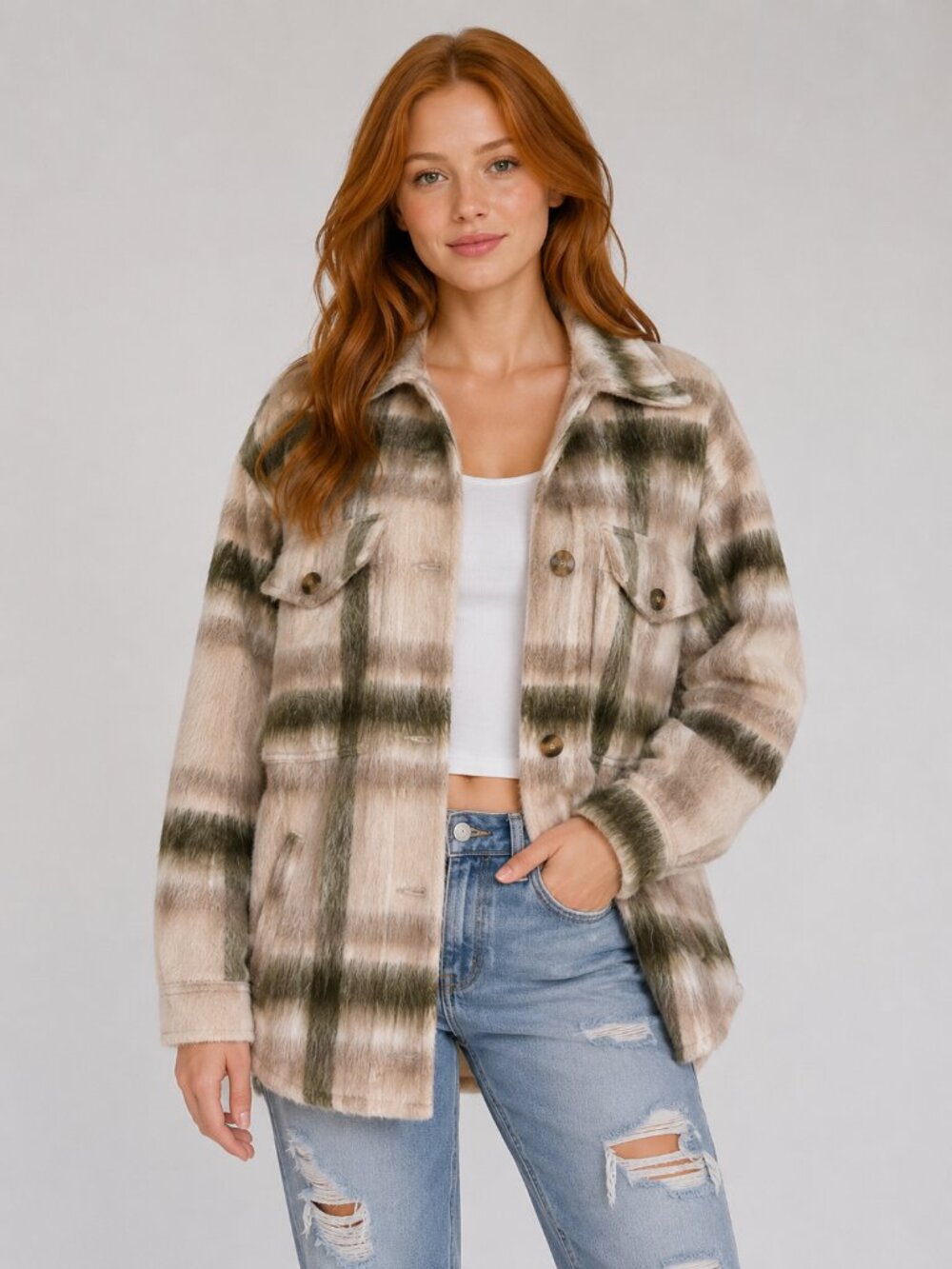 American Eagle Outfitters Plaid Shacket in Cream, Green, and Taupe Size Small